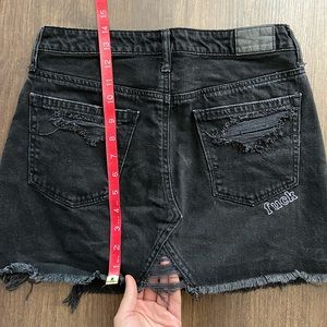 Embroidered & Distressed Black Denim Mini Skirt